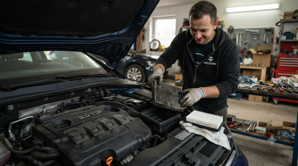 Na tym obrazie widać mechanika lub kierowcę w trakcie samodzielnej wymiany filtra powietrza w samochodzie